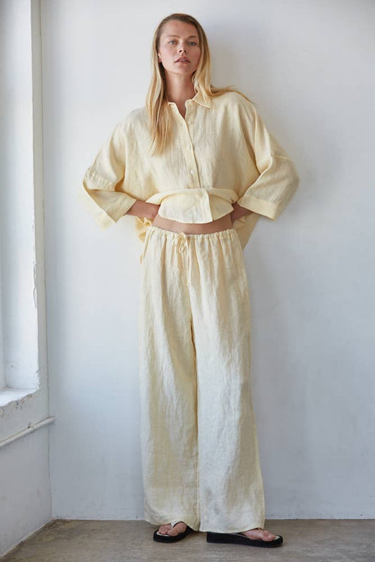 Creamy Yellow Woven Linen Wide Leg Pants