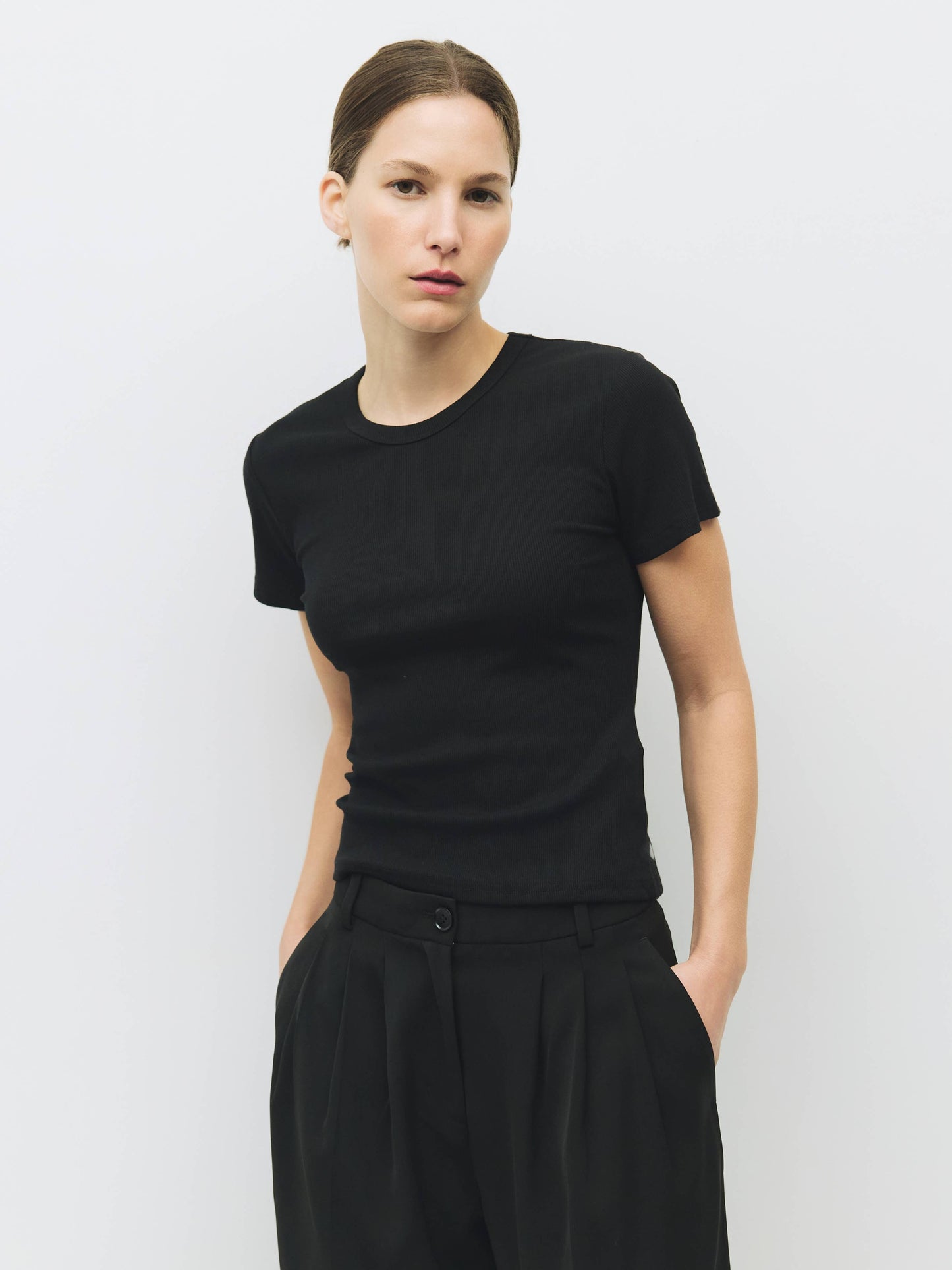 Black Ribbed Short-Sleeve T-Shirt