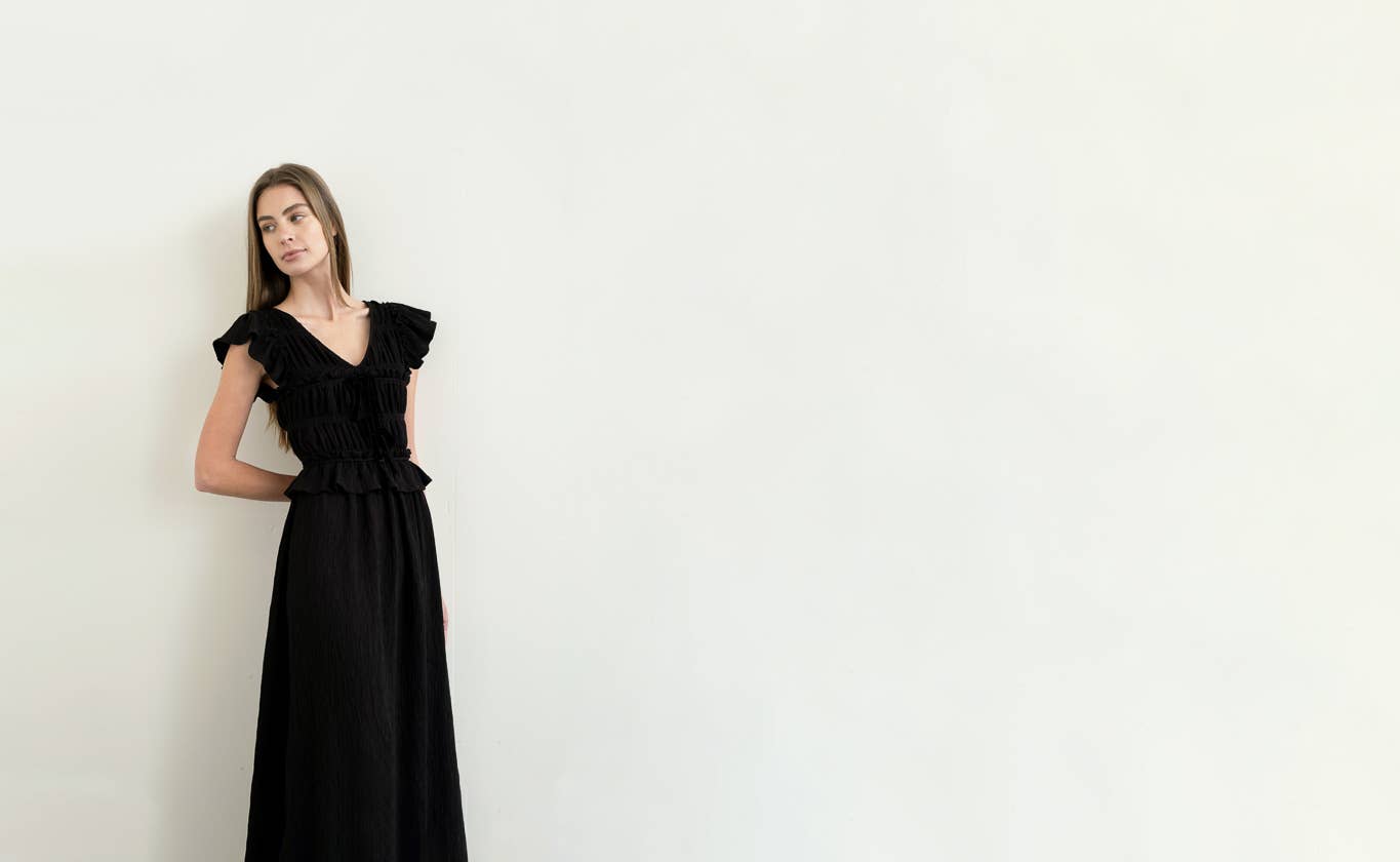 Black Shirred V-Neck Ruffle Trim Midi Dress