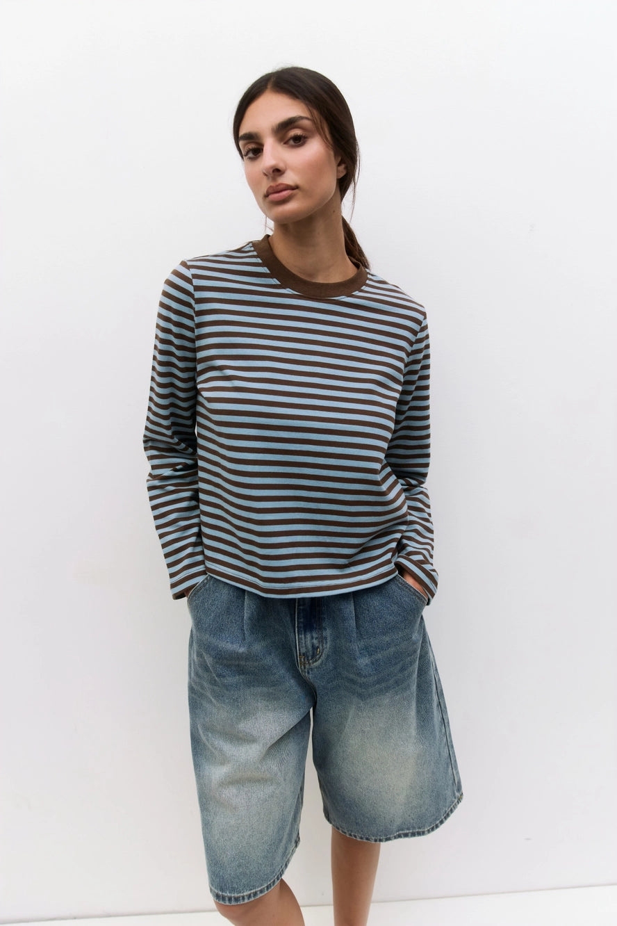 Striped Contrast Collar Long Sleeve T-Shirt