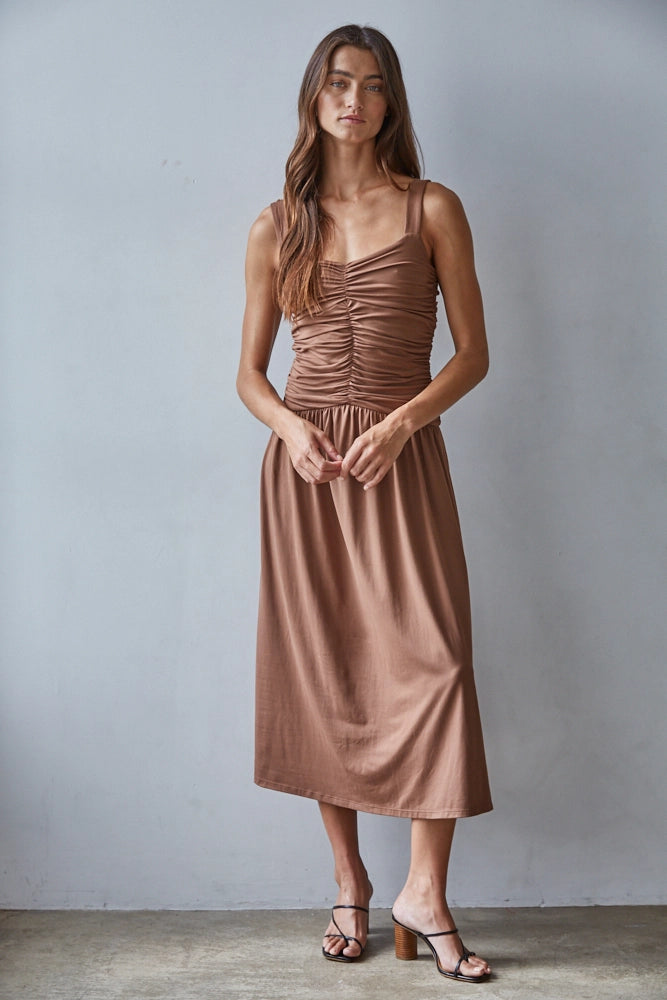 Shirred Drop Waist Sleeveless Knit Maxi Dress
