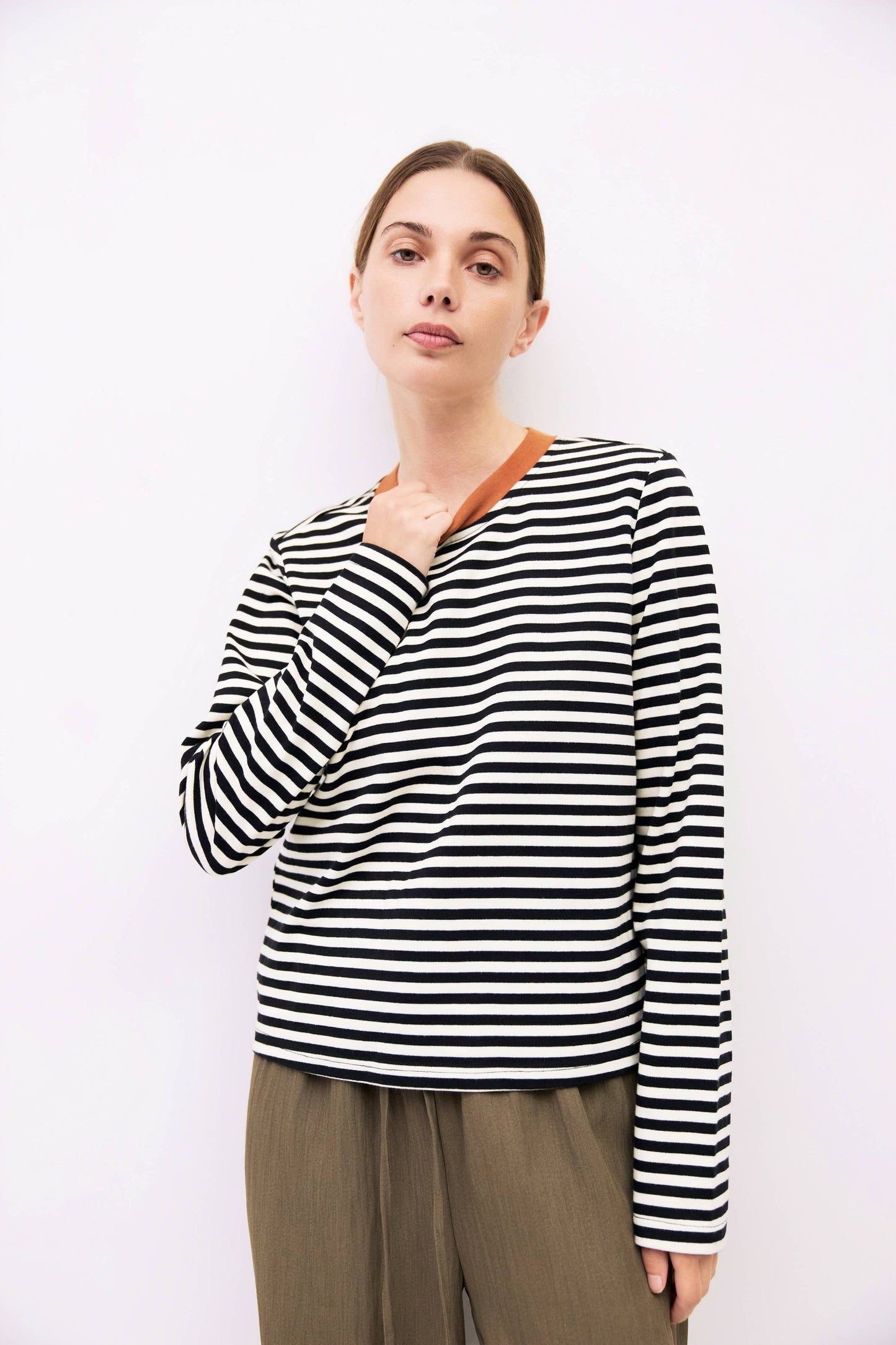 Striped Contrast Collar Long Sleeve T-Shirt