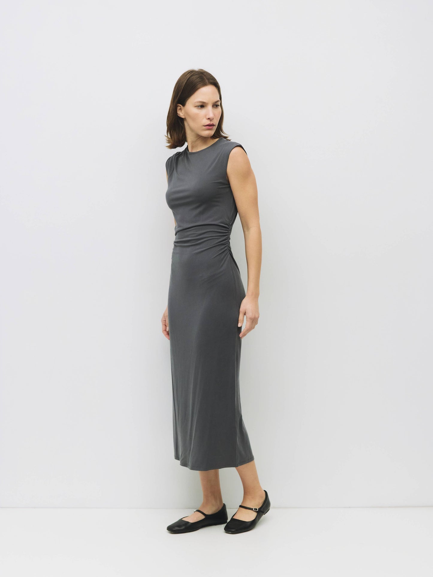 Charcoal Shirred Knit Midi Dress
