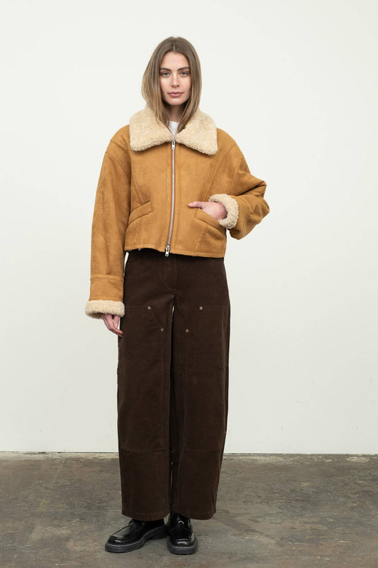 Tan Faux Shearling Suede Short Jacket