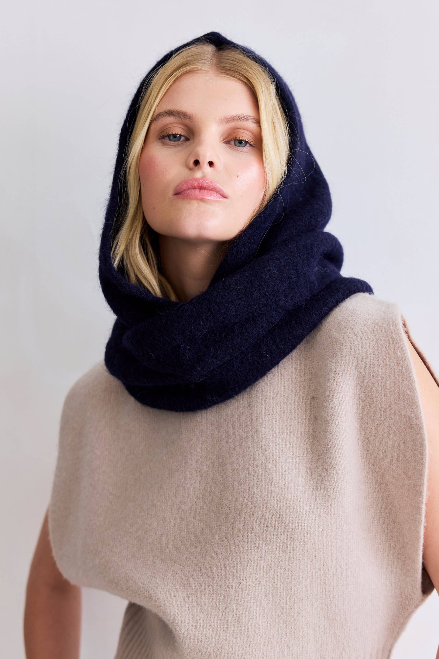 Dark Navy Alpaca Wool Hooded Scarf