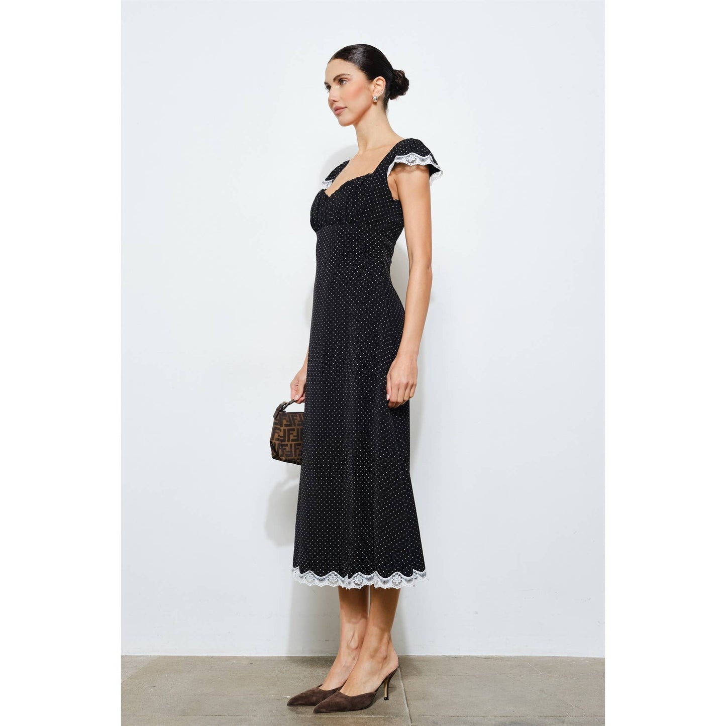 Black Polka Dot Lace Trim Midi Dress