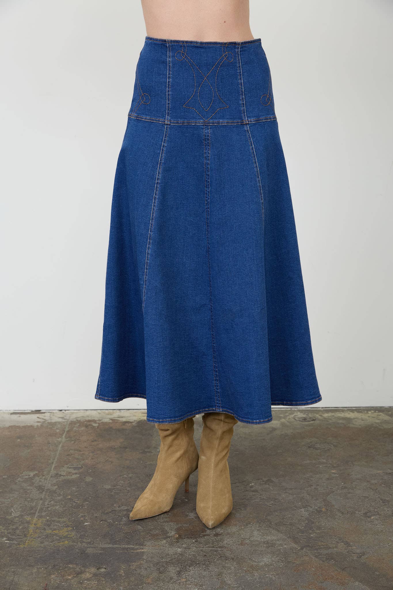 Denim Embroidered Flare Midi Skirt