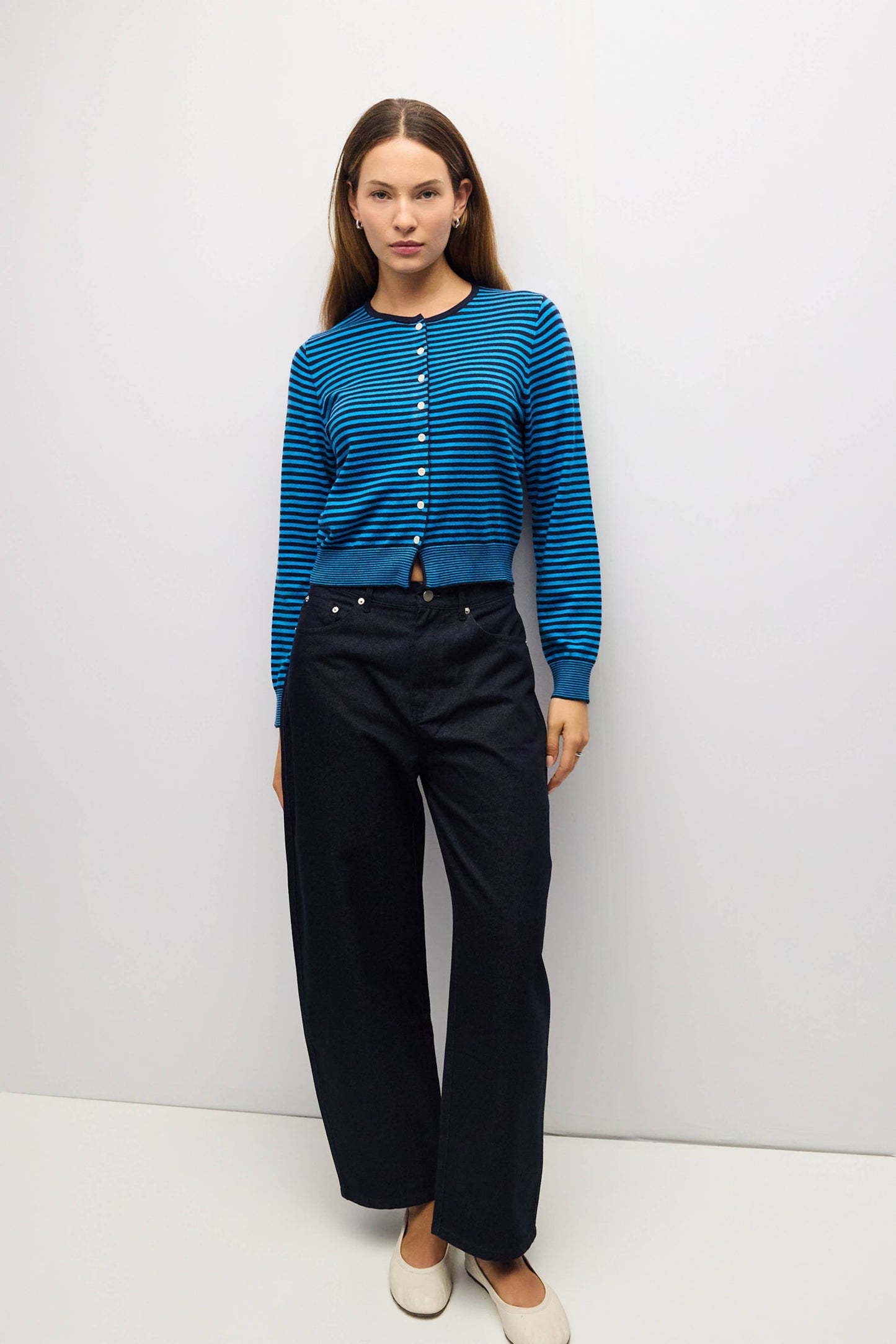 Striped Button Down Round Neck Cardigan
