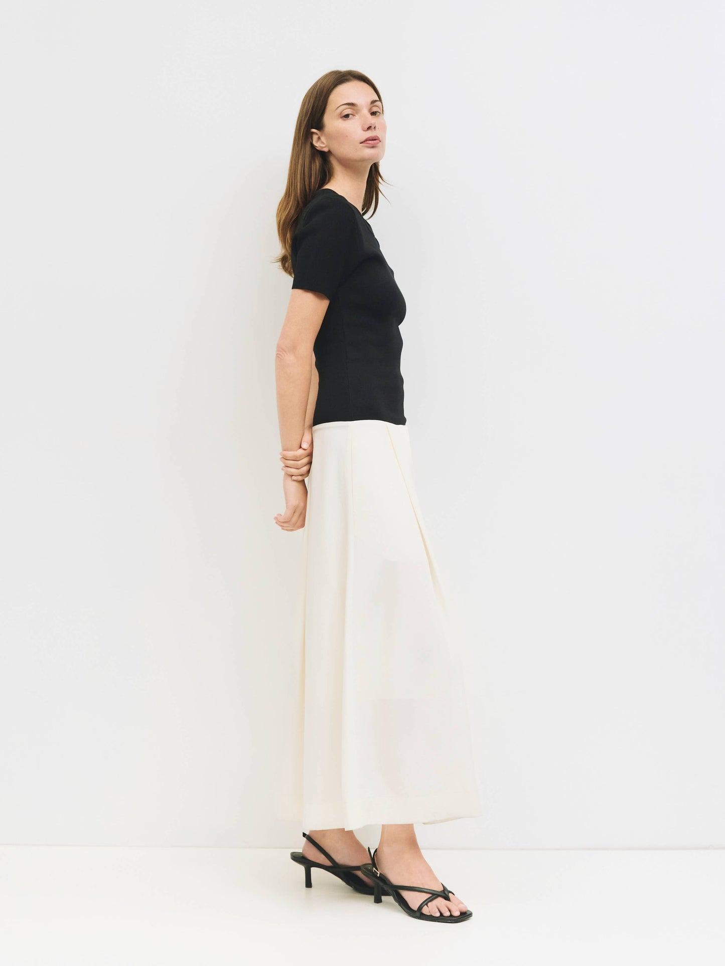 Black and Ivory Mixed Media Pleated Midi Dress