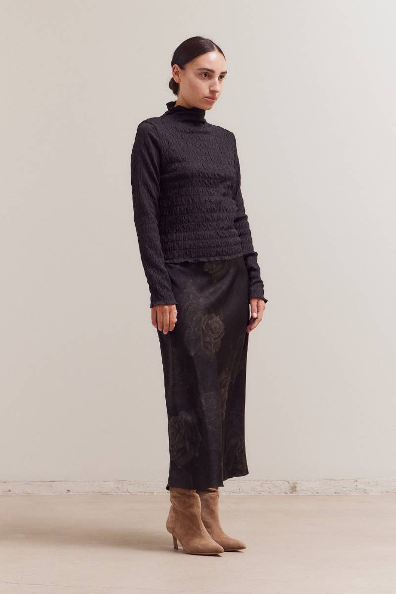 Shirred Mock Neck Long Sleeve Top