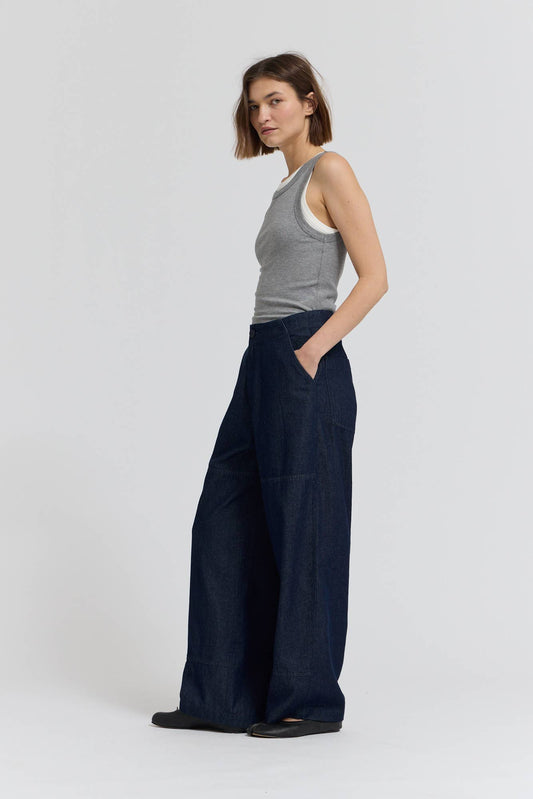 Indigo High Rise Curved Leg Trouser