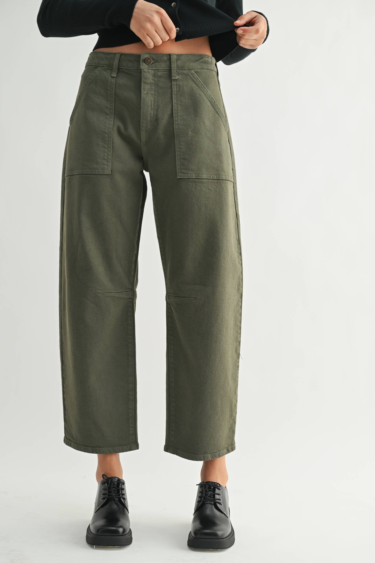 Dark Olive Mid Rise Utility Seamed Barrel Jean
