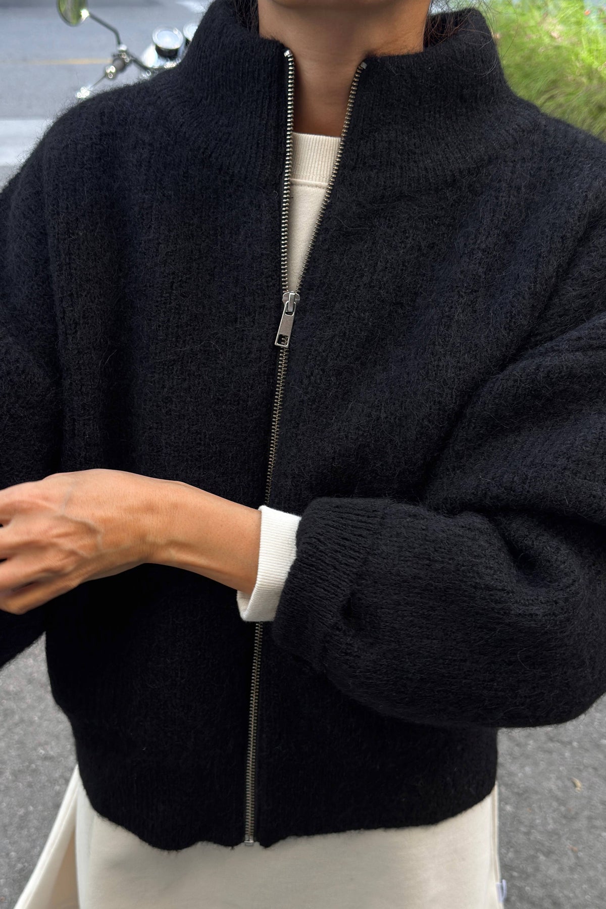 Black Alpaca Zip Front Sweater Jacket