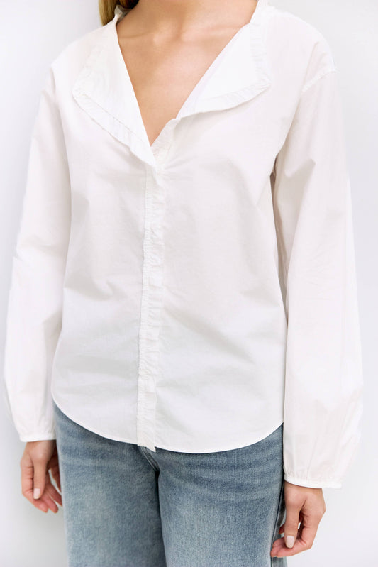 White Ruffle Button-Down Shirt