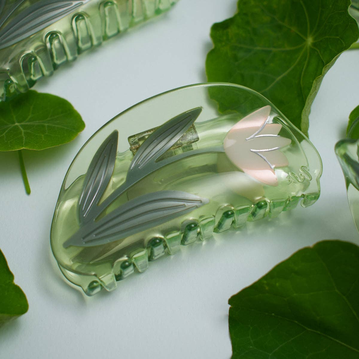 Clear Green Lotus Flower Acetate Hair Claw
