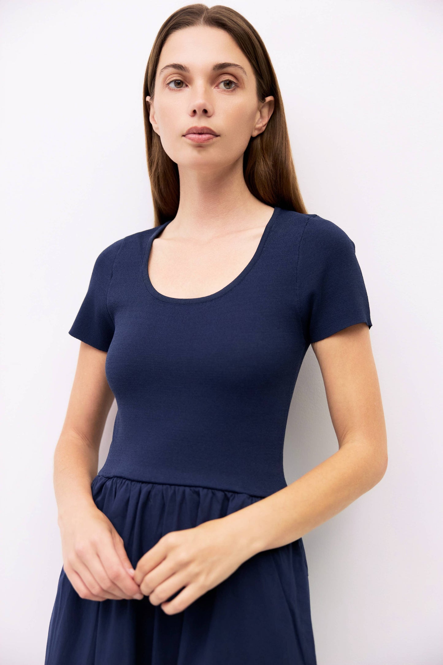 Navy Knit Short Sleeve Mixed Media Midi Dress