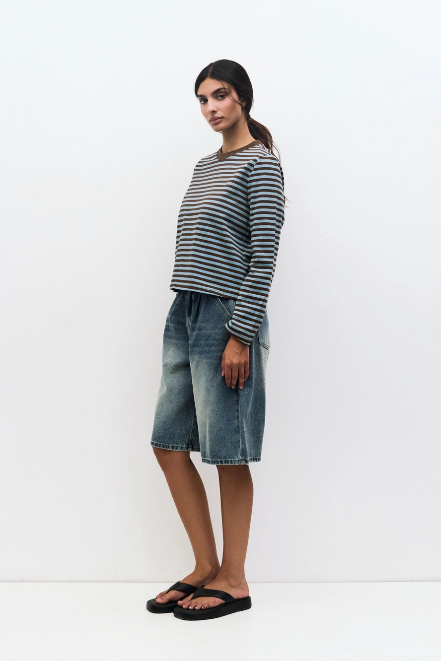 Striped Contrast Collar Long Sleeve T-Shirt