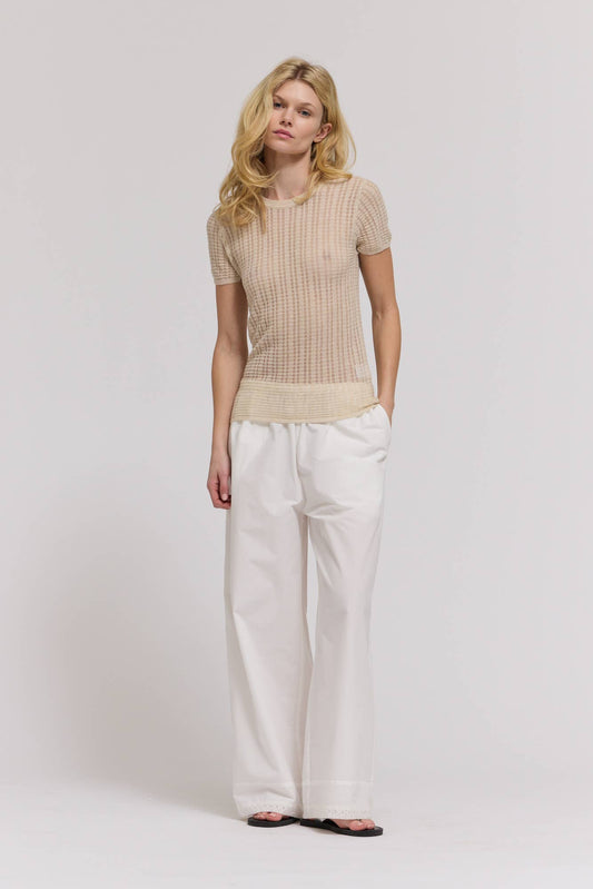 Beige Sheer Pointelle Knit Short Sleeve Top