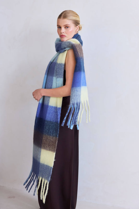 Blue Yellow Brushed Plaid Oversized Scarf