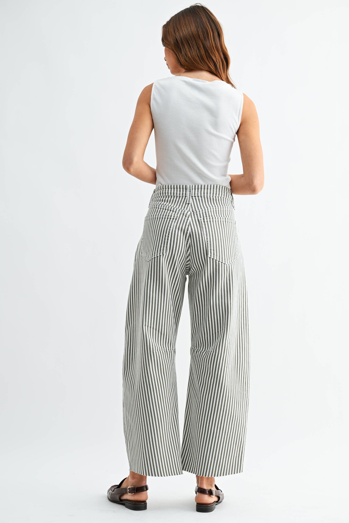 Olive Stripe Seamed Barrel Jean