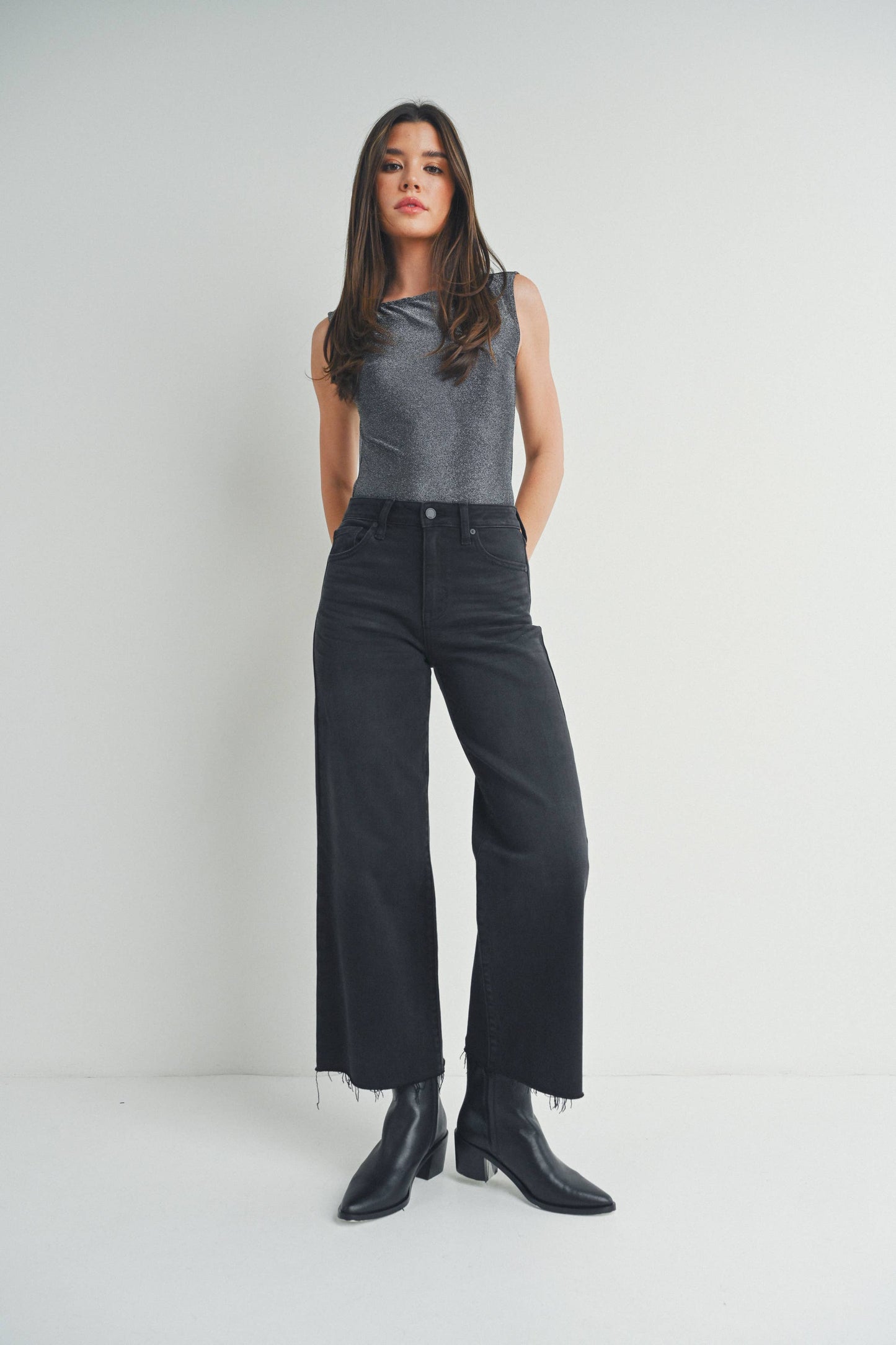 Washed Black Slim Wide Leg Ankle Jean