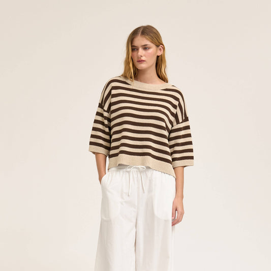 Linen Drop Shoulder Stripe Short Sleeve Knit Top