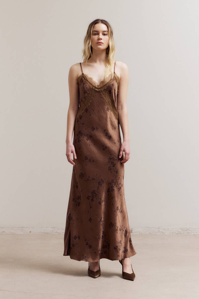 Brown Floral Print Lace Maxi Slip Dress
