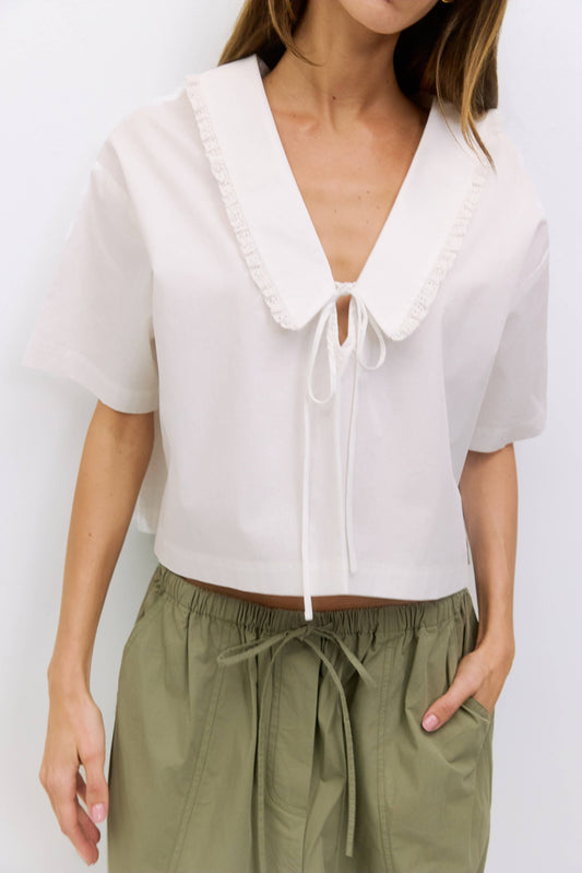 Poplin Lace Trim V Neck Boxy Top
