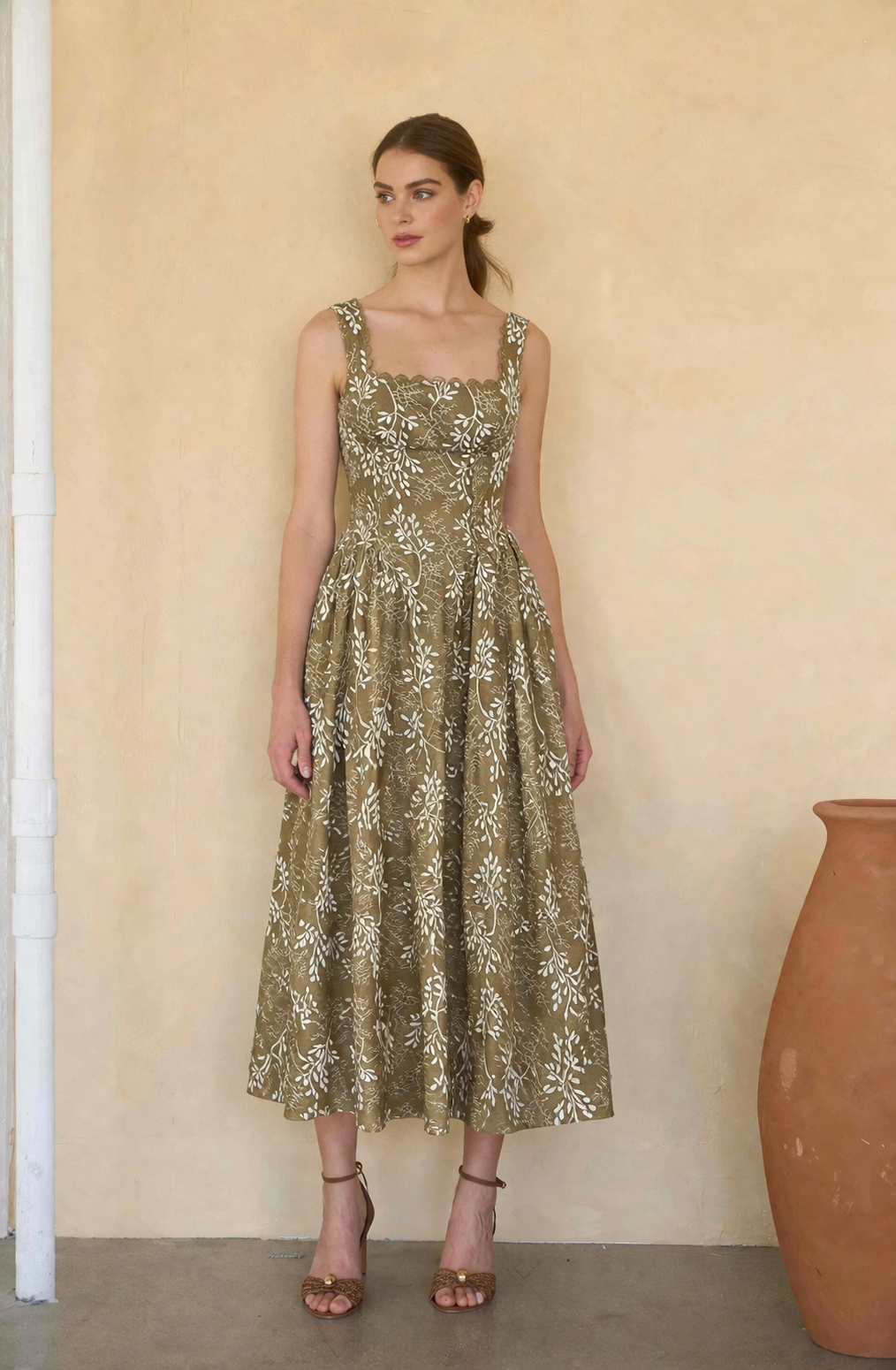 Mocha Embroidered Corset Midi Dress