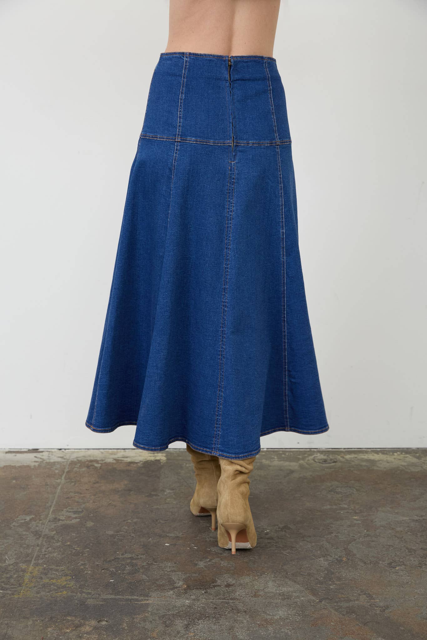 Denim Embroidered Flare Midi Skirt