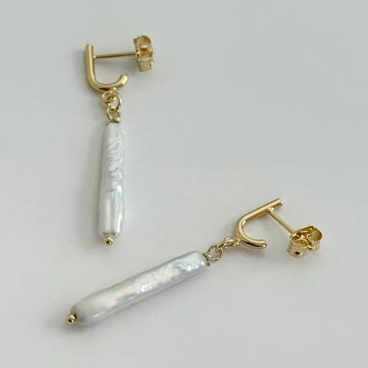 Gold Freshwater Long Pearl Drop Earrings