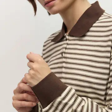 Brown Striped Oversized Long Sleeve Polo