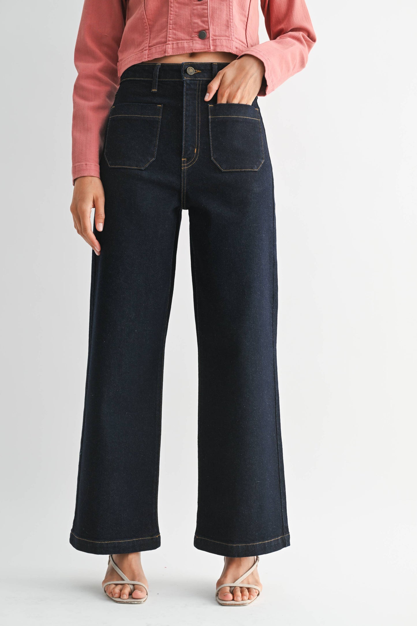 Dark Wash Patch Pocket Wide Leg Jeans