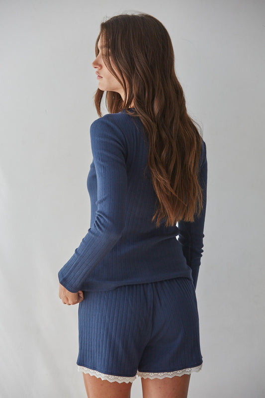 Pointelle Knit Henley Long Sleeve Top