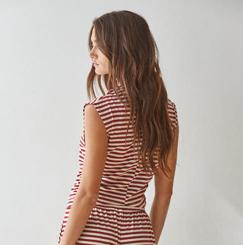 Maroon Stripe Sleeveless Mock Neck Top