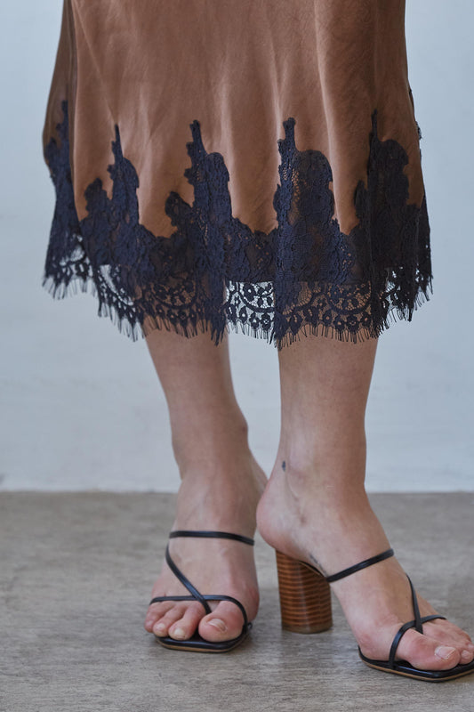 Satin Lace Trim Midi Skirt