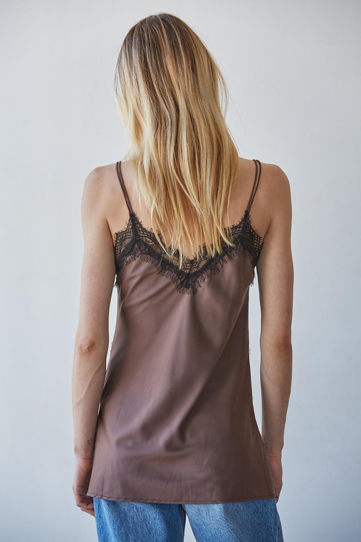 Satin Contrast Lace Trim Long Cami