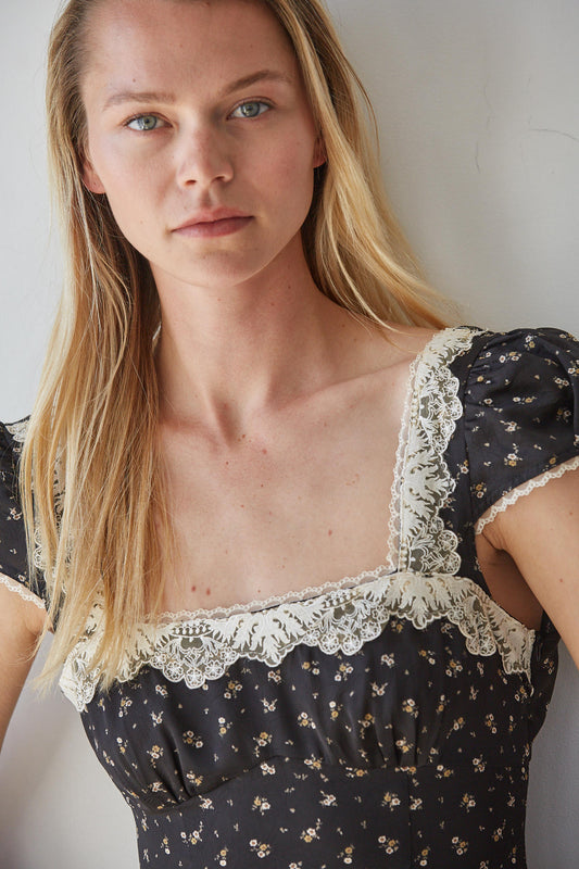 Black Floral Lace Trim Midi Dress