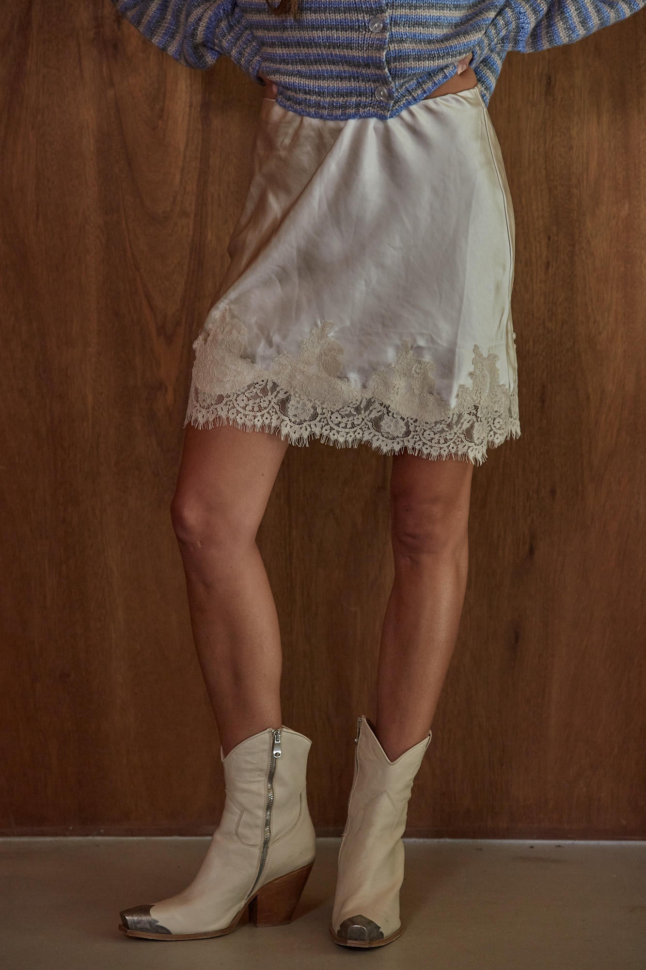 Pearl Satin Lace Trim Mini Skirt