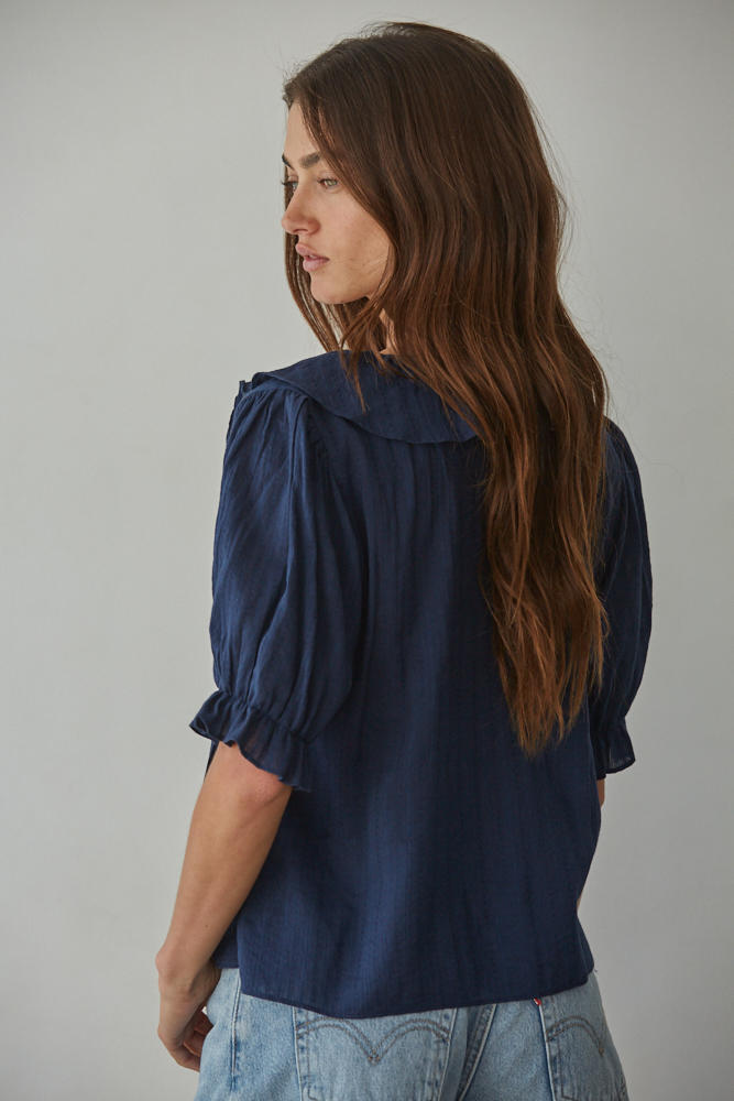 Navy Short Sleeve Ruffle Blouse
