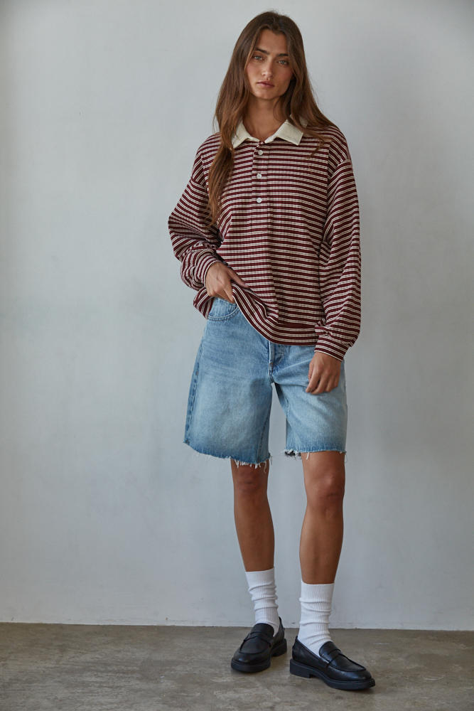Burgundy Ivory Striped Knit Collared Pullover Top