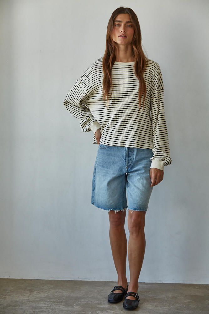 Striped Ribbed Crew Neck Long Sleeve Top