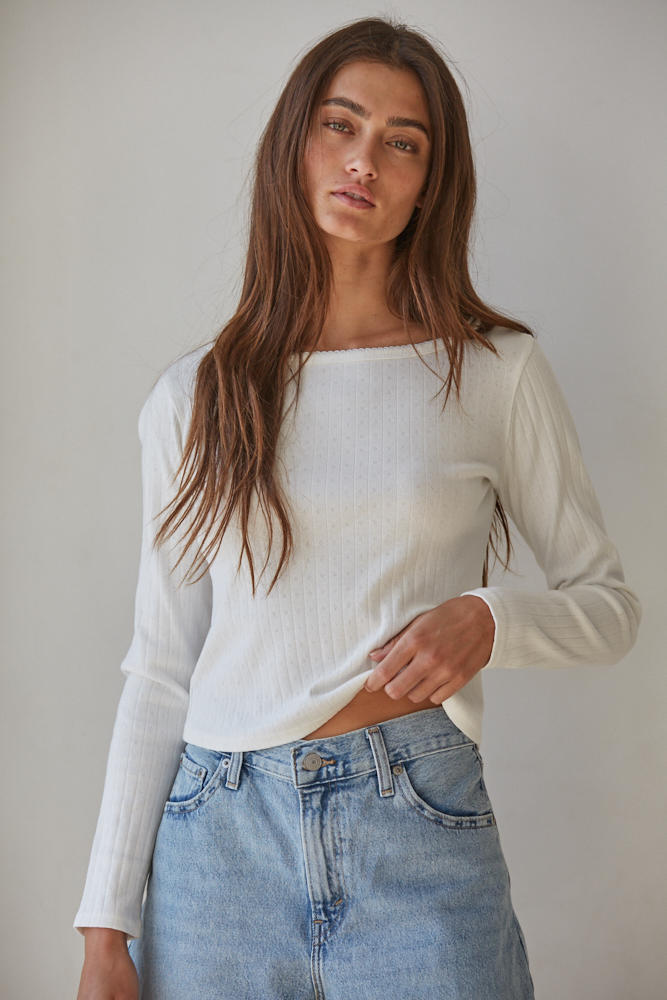 Pointelle Ribbed Long Sleeve Knit Tee