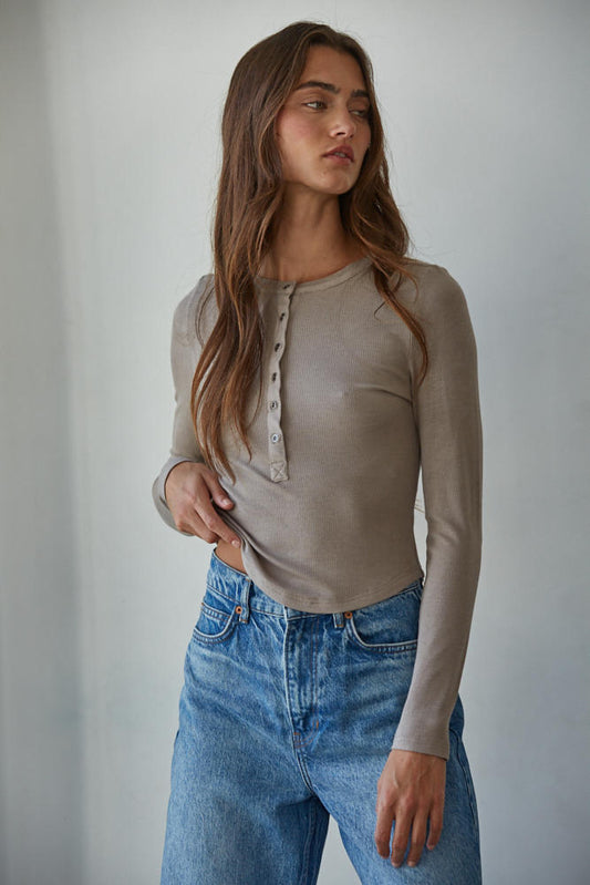 Mocha Ribbed Henley Long Sleeve Top