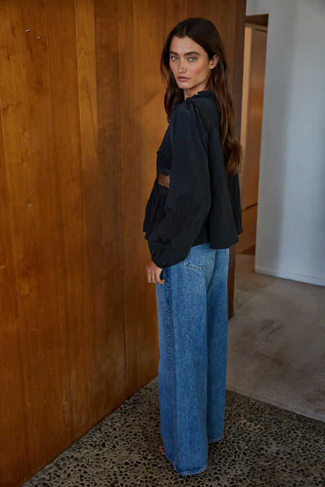 Black Satin Lace Ruffled Long Sleeve Blouse