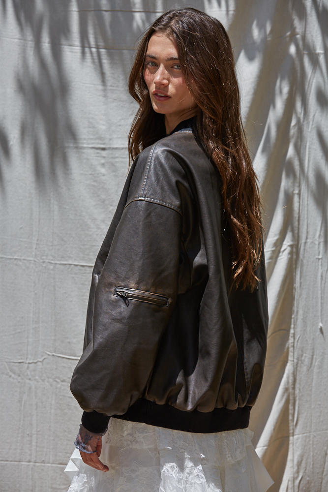 Dark Brown Vegan Leather Bomber Jacket