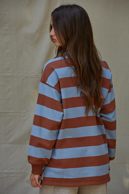 Brown + Blue Stripe French Terry Rugby Shirt