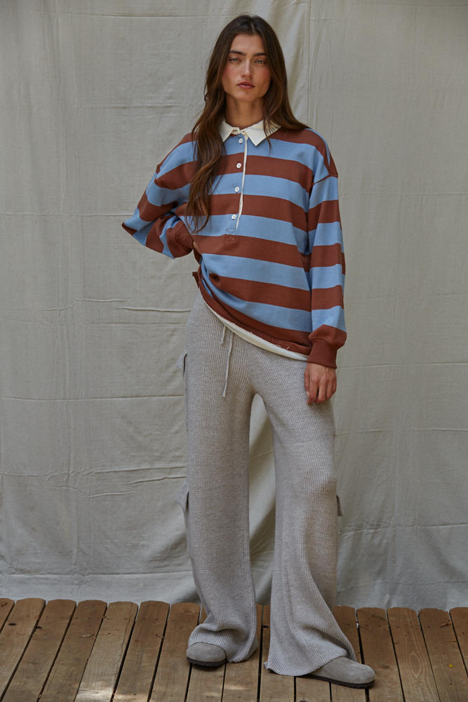 Brown + Blue Stripe French Terry Rugby Shirt