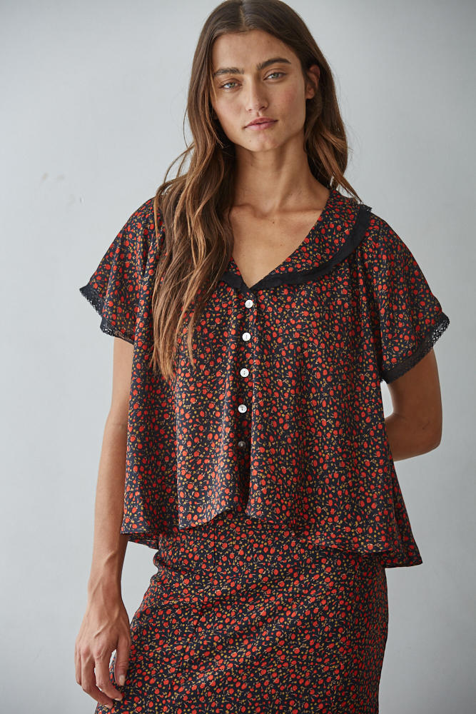 Red Ditsy Floral Print Lace Trim Blouse