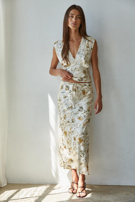 Cream Floral Print Satin Midi Skirt